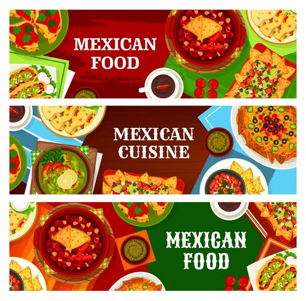 Mexican Food Cuisine Banners Menu Dishes Traditional Mexico Meals Vector — Vettoriale Stock