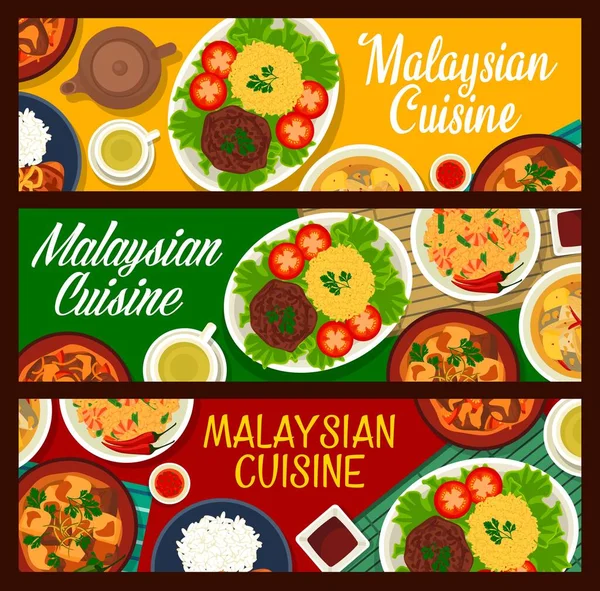 Masakan Malaysia Hidangan Makanan Menu Restoran Asia Vektor Banner Makanan - Stok Vektor