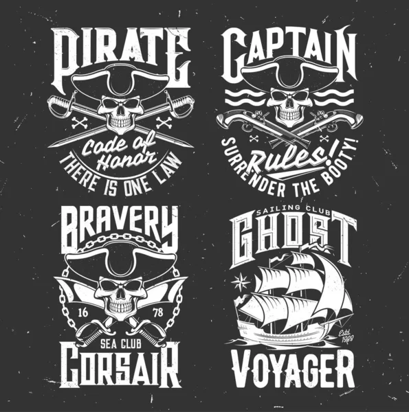 Piraten Kapitein Schedel Corsair Zeil Schip Shirt Vector Print Zeeschepen — Stockvector