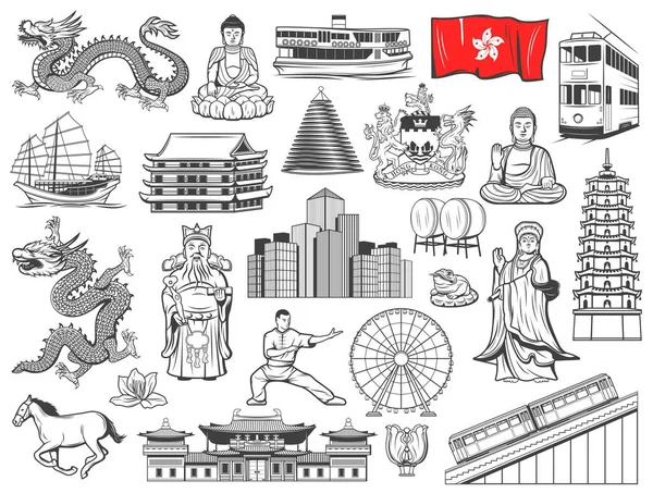 Hitos Hong Kong Atracciones Turísticas Iconos Vectoriales Religiosos Bandera Ciudad — Vector de stock