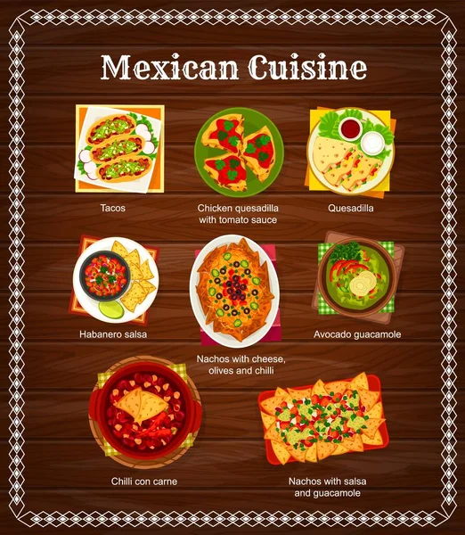 Mexican Cuisine Menu Mexico Food Dishes Meals Vector Tacos Quesadilla — Stock Vector