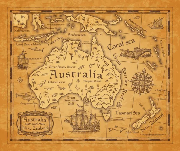 Mapa Antiguo Australia Continente Las Islas Nueva Zelanda Vector Antiguo — Archivo Imágenes Vectoriales