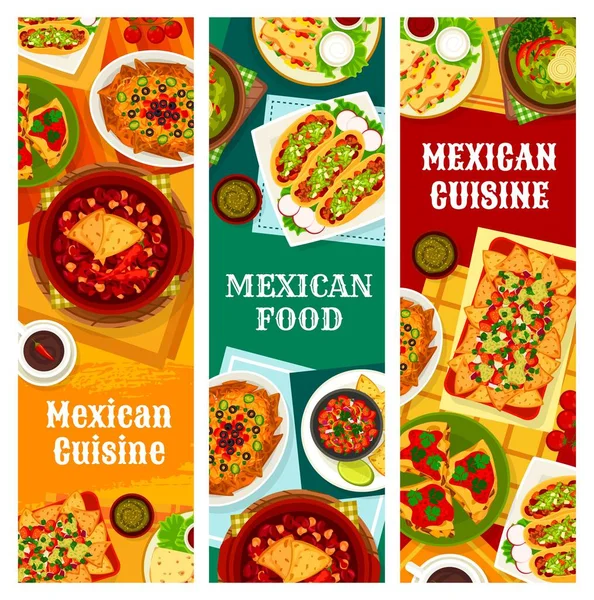 Bandeiras Comida Cozinha Mexicana Pratos Menu México Com Tacos Nachos —  Vetores de Stock