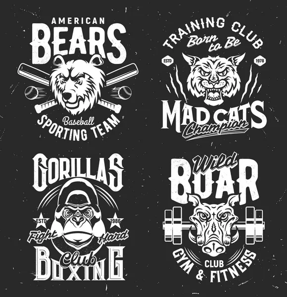 运动队制服服装设计的T恤印有熊 疯猫和大猩猩病媒吉祥物 带有野生动物和排字 T恤衫指纹或运动俱乐部套装徽章的孤立标签 — 图库矢量图片