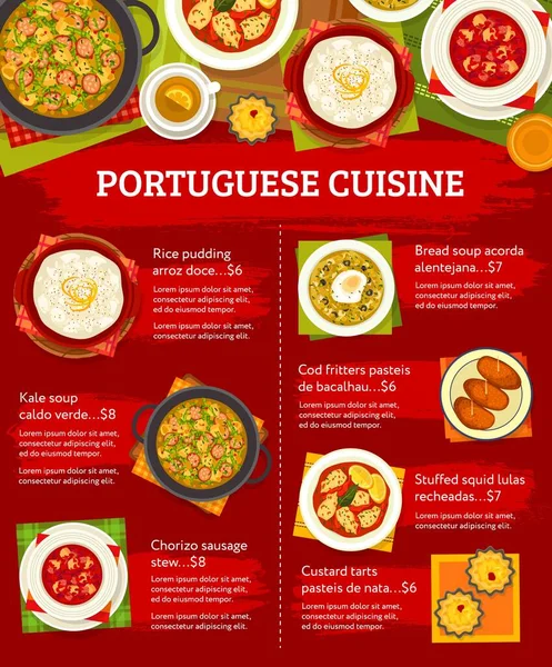 Menú Comida Portuguesa Platos Almuerzo Comidas Restaurante Portugal Cartel Vectorial — Vector de stock