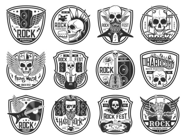 Rock and heavy metal music festival icons. Hard rock concert, live show and fest emblems. Human skulls with mohawk hairstyle, demon horns and crown, electric guitars, audio speakers engraved vector