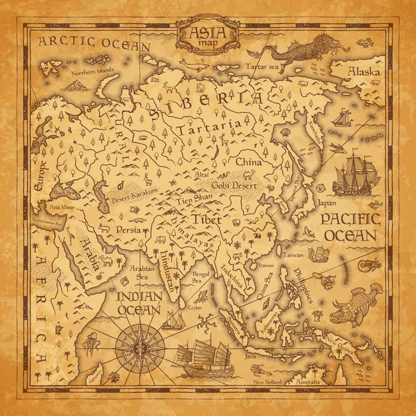 Vintage Map Asia Vector Ancient Parchment Asian Continent Mountain Ranges Stock Illustration