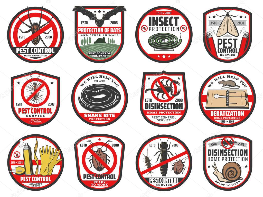 Pest control icons, disinfection, extermination and deratization service, vector signs. Insects and rodents pest control, home disinfestation from rats, bugs and moth, snakes and cockroaches