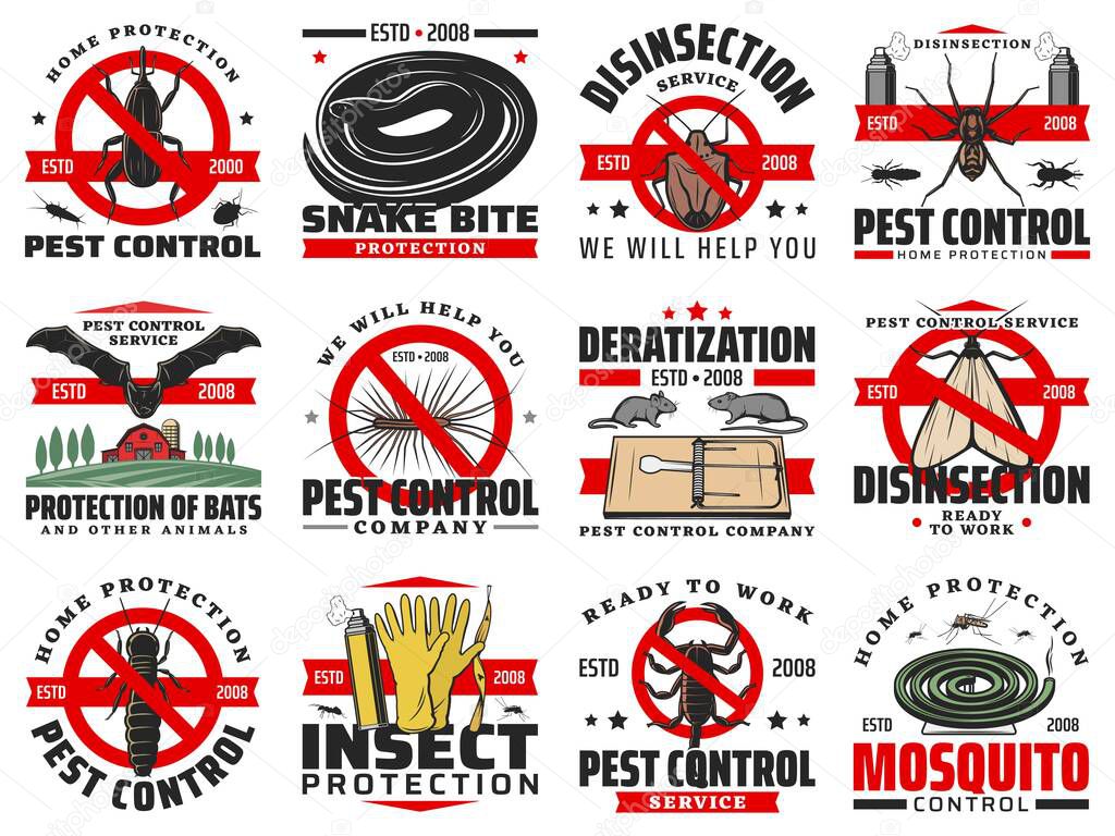 Pest control disinfection, extermination service vector disinfection and deratization. Domestic sanitary pest control from insects and rodents, rats, bugs snakes and cockroaches disinfestation