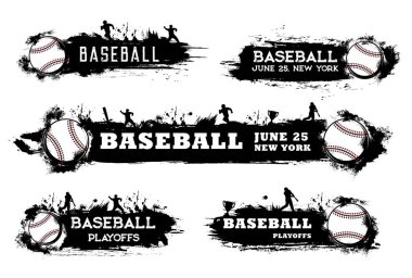 Beyzbol playoff pankartları ve softball turnuvası vektör bayrakları. Beyzbol takımı ve lig şampiyonası playoff bayrakları. Oyuncular, top ve zafer kupası siyah yarım tonda.