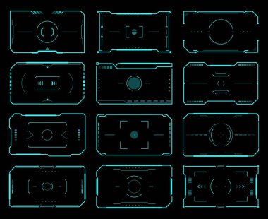 HUD hedef çerçeveleri, hedef kontrolü, kayak fi UI arayüzü. Vektör fütüristik askeri optik nişan alma, uzay gemisi çapraz gölgesi. Modern tekno ekran elementleri, çarpışma görüşü, silah hedefleri odak aralığı göstergesi