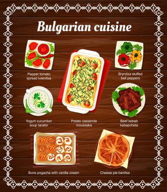 Bulgar mutfak vektör menüsü biber domatesli lutenitsa, yoğurt salatalığı çorbası tarator, patates güveci. Musakka, bryndza dolma dolma dolma dolma dolma dolma dolma dolma dolma biber, sığır kebabı kebapcheta, peynirli turta Bulgaristan yemeği