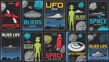 Uzay keşfi, uzaylı yaşamı ve UFO temas posterleri. Bilim kurgu uzay gemisi, uzayda retro roket ve uçan daire, insansı uzaylı yaratık, güneş sistemi gezegenleri ve Ay, asteroit vektörü