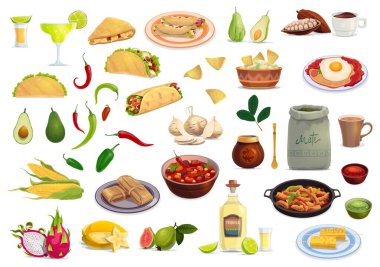 Meksika mutfağı vektör besin ve içecek çizgi film seti. Taco, burrito, domates salsa ve avokado guacamole, mısır cipsi, tekila, margarita ve mat, quesadilla, acı biber, tamale, fajitas ve kakao.