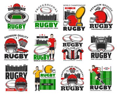 Rugby şampiyonası, üniversite takımı ve malzeme dükkanı ikonları. Rugby oyuncusu koruyucu giysi, kask, eldiven ve pabuç, düdük çalan hakem, spor turnuvası kupası ve stadyum saha vektörü.