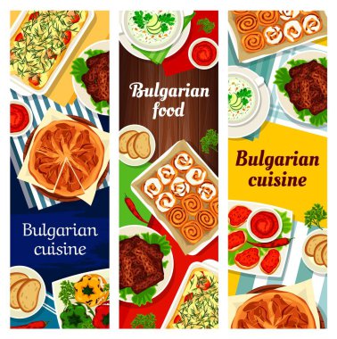 Bulgar gıda vektörü lutenitsa, yoğurtlu salatalık çorbası tarator, patates güveci musakka, dolma dolma dolma dolma dolma dolma dolma dolma biber, vanilyalı çörek, peynirli turta banitsa Bulgaristan mutfağı