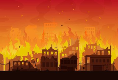 City in fire, destroyed burning houses and buildings, vector disaster or war background. Burning city ruins and town destruction from earthquake, bomb explosion attack and world apocalypse catastrophe clipart