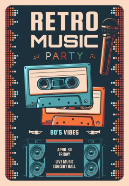 Retro müzik partisi vektör broşürü ya da poster. Canlı müzik performansı, 80 'ler klasik konser afişi. Manyetik bant küçük kasetler, sahne mikrofonu ve ses hoparlörleri, neon disko ışıkları.