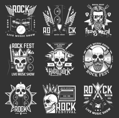 Rock müzik festivali ikonları, hard rock kafatası ve gitar vektör rozetleri ve amblemleri. Hard rock ve heavy metal festivali canlı konser gösterilerinde davullar, punk kafatası ve elektro gitar alevler içindeydi.