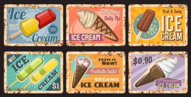Dondurmacıda teneke tabela, buzlu dondurma, paslı tatlı, metal tabak. Fast food cafe tatlıları menü retro fiyat etiketi, vektör organik dondurmalı grunge tabağı waffle konisi, çikolatalı eskimo veya sundae