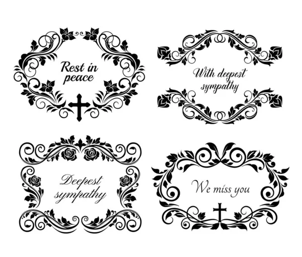 Funeral Obituary Condolence Frames Rip Flowers Wreath Vector Floral Cards — 스톡 벡터