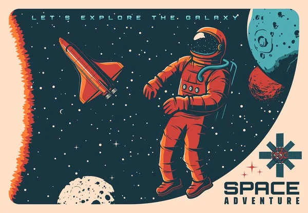 Kosmiczna Przygoda Astronauta Kosmiczny Planety Niebie Galaktyki Plakat Wektorowy Retro — Wektor stockowy