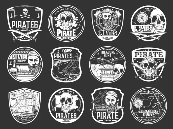 Piratenschädel Und Schatzinsel Ikonen Karibisches Meeresabenteuer Vektorschildabzeichen Piratenkapitän Und Schiff — Stockvektor