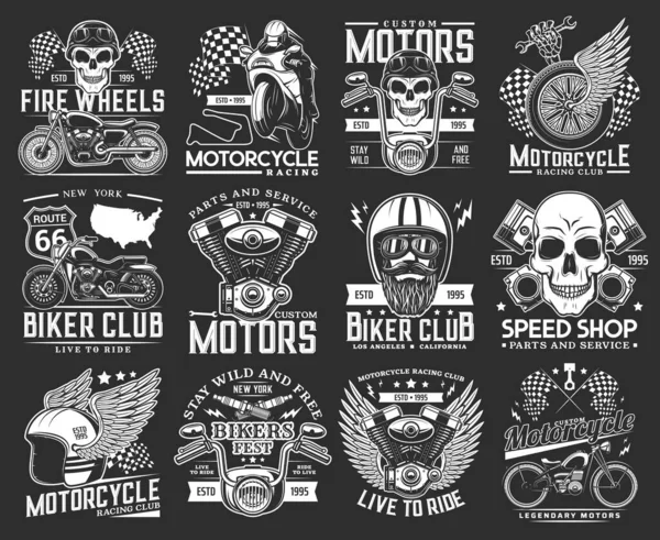 Biker Club Skull Emblems Motorcycle Races Speedway Sport Rides Vector — Stock Vector