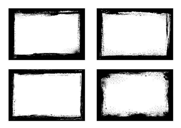 Grunge Frames Isolated Vector Black Borders Rectangular Shape Scratched Rough — Stock Vector