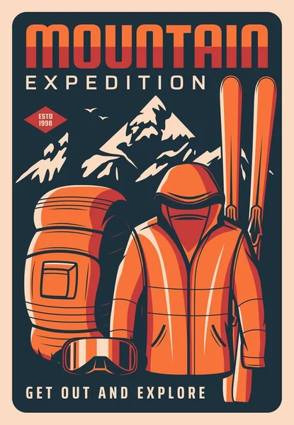 Bergexpeditie Vector Retro Poster Toerisme Rotsklimmen Toeristische Uitrusting Kleding Ski — Stockvector