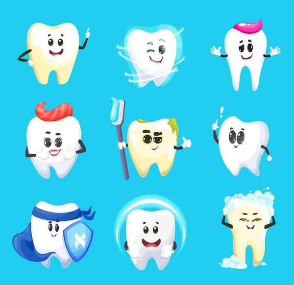 Diente Personajes Dibujos Animados Diseño Vectores Higiene Dental Dientes Sonrientes — Vector de stock