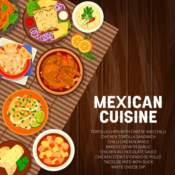 Cuisine Mexicaine Restaurant Plats Menu Couverture Sandwich Ailes Tortilla Poulet — Image vectorielle