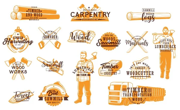 Lumberjack Carpentry Service Working Tools Icons Timber Materials Wood Logs — 스톡 벡터