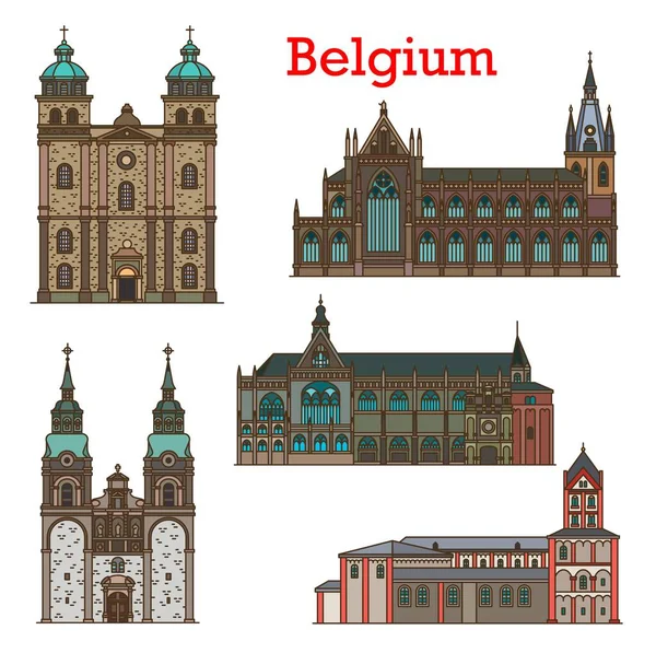 ベルギーのランドマーク 大聖堂 リエージュとユーペンの教会 ベルギーの都市旅行 ベクトルアイコン ベルギーの聖ニコラス建築 イギリスの聖ジャック教会やヤコブ教会 マルメ大聖堂 — ストックベクタ