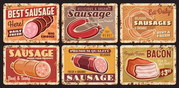Saucisses Enseignes Étain Bacon Ferme Viande Assiettes Métalliques Rouillées Magasin — Image vectorielle