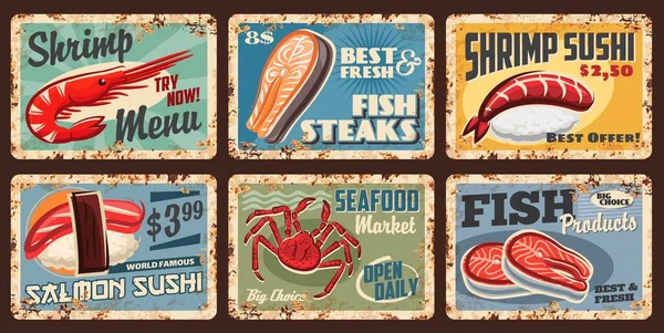 Рыба Морепродукты Суши Продовольственный Рынок Меню Ресторана Цены Векторные Гранж — стоковый вектор