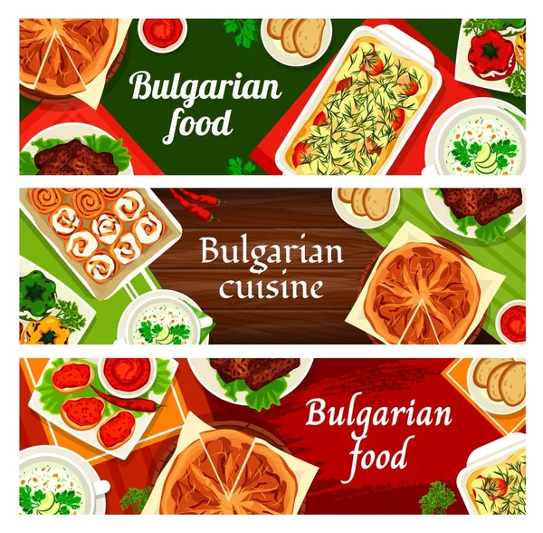Bulgarian Cuisine Vector Yogurt Cucumber Soup Tarator Potato Casserole Moussaka — 스톡 벡터