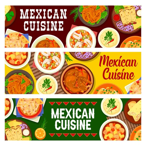 Mexican Cuisine Dishes Restaurant Food Banners Tortilla Chips Sandwich Chicken — 图库矢量图片
