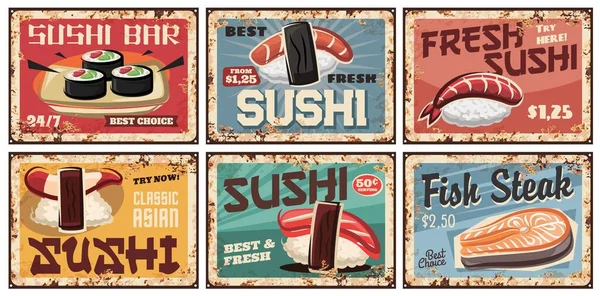 Sushi Metallteller Oder Retro Poster Japanische Küche Und Barmenü Japanisches — Stockvektor