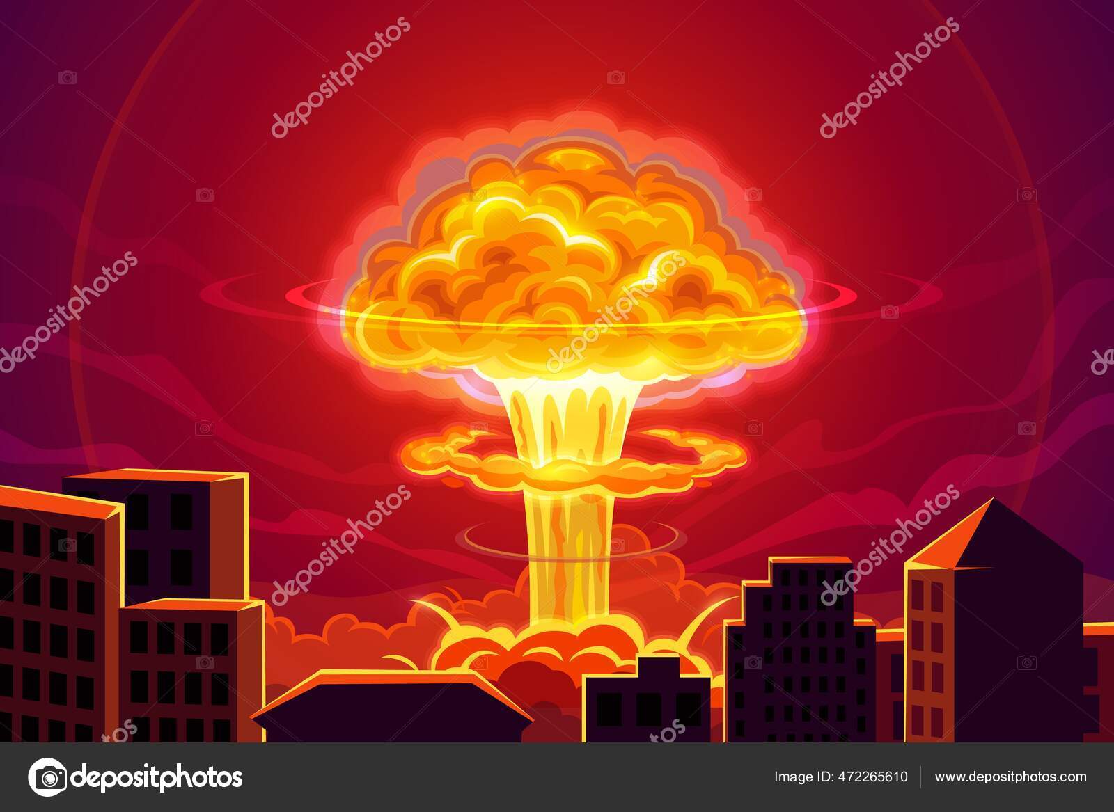 Explosão Bomba Atômica Fundo Vetor Cartoon Cidade Acidente Central Nuclear  Vetor de stock de ©Seamartini 472265610, image size:1600x1167