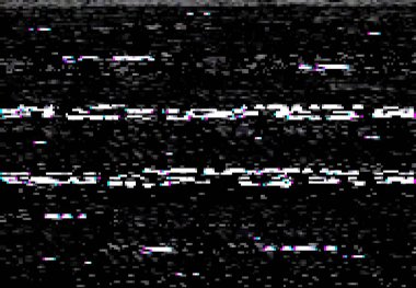 Bozuk efektli VHS video ekranı, bozulma çizgileri ve gürültü. Vektör bozuk kamera filmi veya dijital video sistemi siyah arkaplan rastgele gürültü ve yatay çarpık çizgiler, sinyal yok