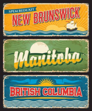 New Brunswick, Manitoba ve British Columbia vilayetleri ve Kanada vektör plakalı bölgeler. Kanada vilayetleri bölgesel bayrakların klasik sancakları, batan güneş, mavi beyaz dalgalar ve lenf ya da kadırga