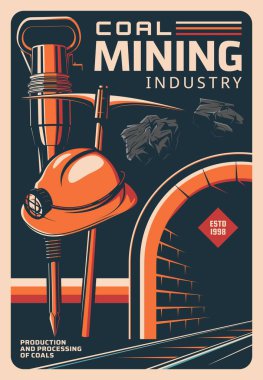 Kömür madenciliği endüstrisi retro poster, maden cevheri ve metal maden, vektör. Kömür madenciliği endüstrisi madenci ekipmanı aletleri, kazma ve matkapla yeraltı taş ocağında matkap matkabı.