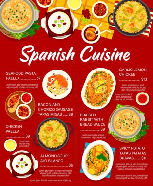 İspanyol mutfağı vektör menüsü deniz ürünleri makarna paella, haşlanmış ekmek soslu tavşan ve badem çorbası jo blanco. Tavuk paella, baharatlı patates patatesi bravas, pastırma ve sucuklu sosis tapas migas menüleri.