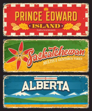 Prens Edward Adası, Saskatchewan ve Alberta Kanada vilayetleri ve bölgeleri. Kanada vilayetlerinin bayraklı taşıyıcı plakalar, zambak, meşe yaprağı, Rocky dağları ve beyaz kırmızı haç