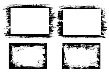 Siyah boya lekeli Grunge çerçeveleri, mürekkep lekeleri. Mürekkep fırçası, toprak ya da siyah boya vektör izleri, lekeler ve lekeler. Grafiksel çerçeve, toprak desenli kenar, kirli arkaplan