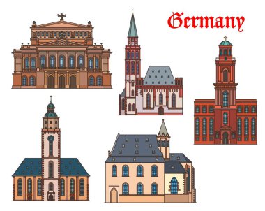 Almanya, Frankfurt 'un mimarisi, binalar ve vektör seyahat yerleri. St. Catherine, Saint Paul ve Leonhard Kilisesi, Alte Oper konser salonu ve Frankfurt 'lu Nikolaikirche, Almanya mimarisi