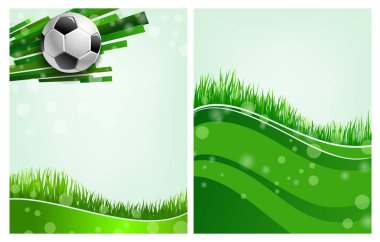 Futbol topu, yeşil çimen ve futbol sahasının olduğu bir spor posteri. Şampiyonluk için vektör kartları, turnuva davetiyesi. Spor ligi takımı veya fan kulübü duyurusu 3D top ile boş şablon