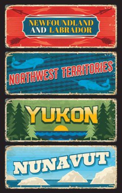 Newfoundland ve Labrador eyaleti, Kuzeybatı, Yukon ve Kanada vektör plakalı Nunavut bölgeleri. Kanada bölgelerinde Yukon nehri ve ormanı, buzdağları, denizgergedanları ve okları olan vintage bayraklar