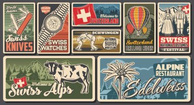 Switzerland travel and Swiss landmarks posters, retro vector. Switzerland flag, watches and knives, Swiss national culture costumes, schwingen wrestling sport, alp cows and alpine restaurant edelweiss clipart